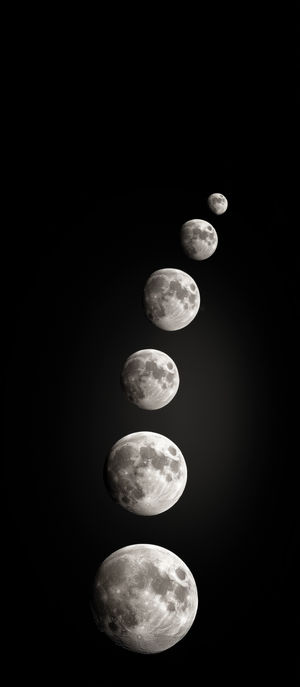 A vertical sequence of six realistic moon phases against a black background showcasing the lunar cycle in detail