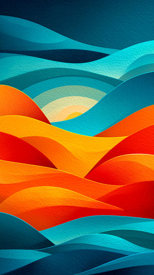 Stylized digital abstract waves in vibrant layered hues of orange, red, teal, and blue forming textured undulating hills.