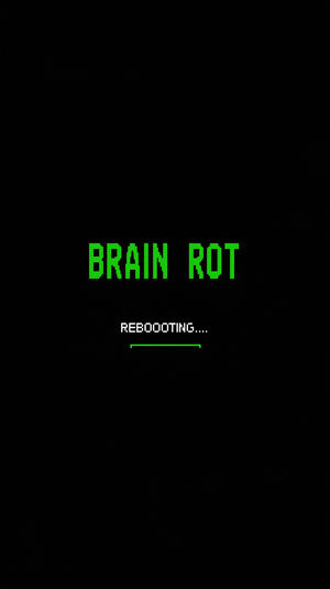 Dark digital wallpaper with neon green pixel text 'BRAIN ROT', white 'REBOOOTING....' line and a green progress bar on a black background.