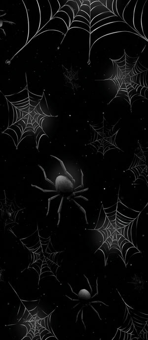 Monochrome dark wallpaper featuring intricate spider webs and spiders against a deep black background in 4K resolution.