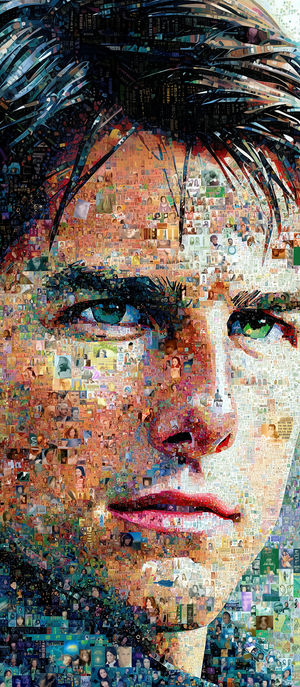 Close-up mosaic portrait of a woman's face rendered with thousands of colorful photo tiles in an abstract collage.