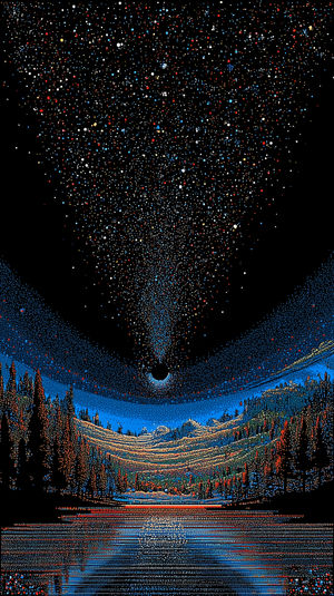 Pointillist digital art of a cosmic night forest and mountain reflections in a lake beneath a swirling starfield.