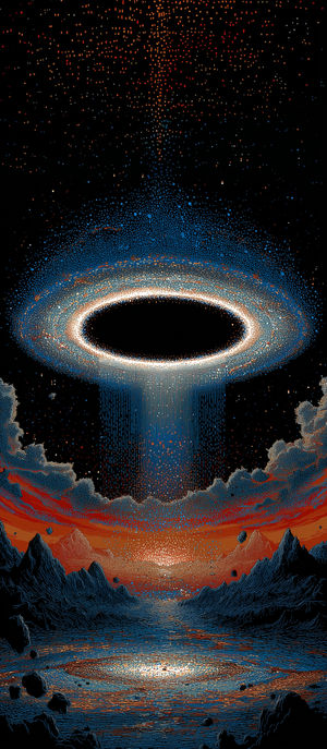 Abstract cosmic vortex portal emitting glowing particle streams above a rugged mountain landscape under a starry night sky.