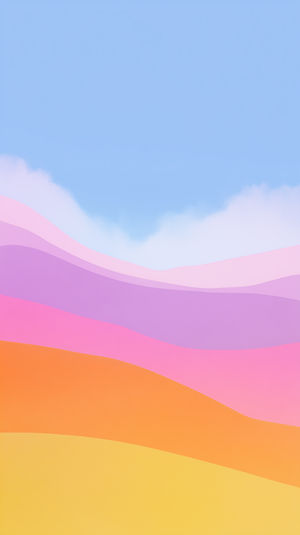 Abstract pastel landscape with layered wave shapes in blue sky, purple, pink, orange, and yellow hues, minimalist design.