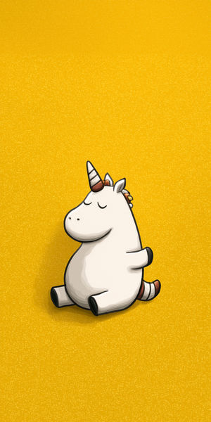 Cartoon style white unicorn with closed eyes sitting against a textured yellow background in a minimalist, whimsical illustration