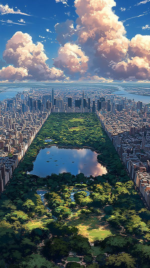 Aerial view of Central Park in New York City with lush trees, reflective lake, and surrounding skyscrapers under clouds.