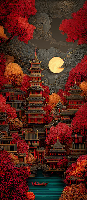 Intricate red and gold pagoda village nestled among autumn trees under a glowing full moon over serene river.