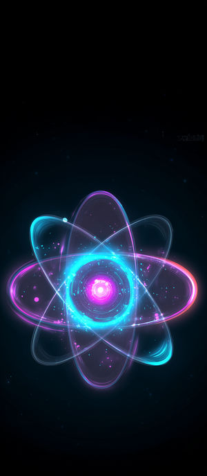 A glowing neon atom with swirling blue and pink energy rings on a dark space-like background dotted with tiny stars.