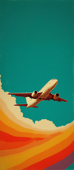 Stylized retro airplane ascending through a teal sky with bold layered orange, red and yellow sunset stripes below.