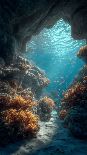 Sunlit underwater scene of a coral reef cave with orange fish schooling around vibrant corals and a sandy ocean floor.