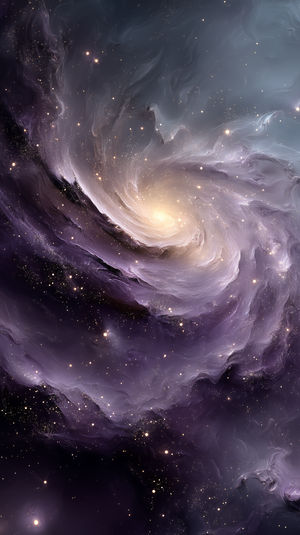 Swirling purple and gold galaxy nebula with glowing stars and cosmic dust in a high-resolution abstract space scene.