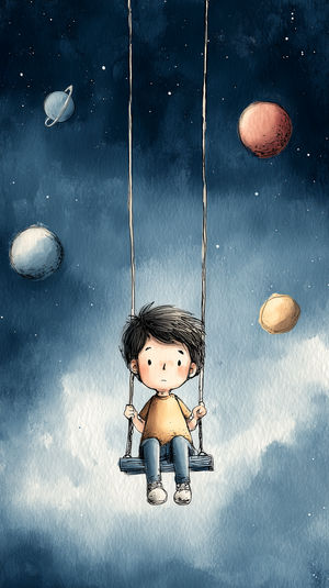 Watercolor-style illustration of a child on a swing suspended in space with planets and stars in the background.