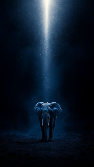 Silhouette of a lone elephant standing under a column of cosmic light in a dark starry landscape