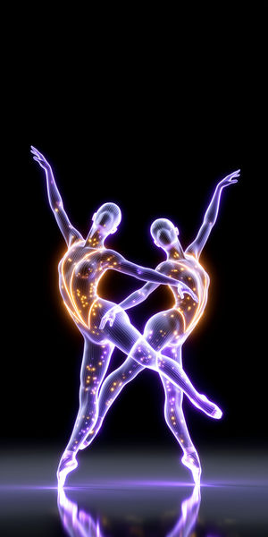Two glowing neon wireframe ballet dancers in purple and orange pose gracefully on a reflective dark floor.