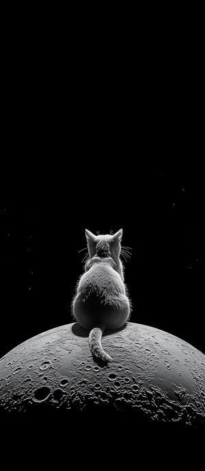 A white cat silhouette sits on the textured moon's cratered surface against a black starry background.