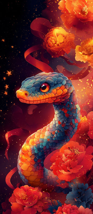 Vibrant mosaic-scaled snake with glowing orange and blue scales coiled among red flowers and golden sparkles.