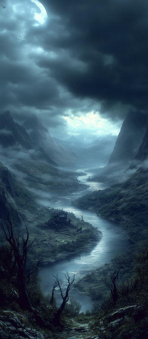 Moonlit dark fantasy river valley: mist-shrouded mountains, winding river leading to ancient castle ruin beneath stormy clouds.