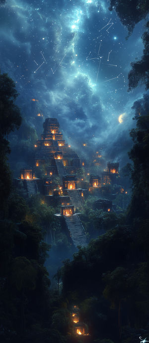 Nighttime view of ancient jungle pyramid temples illuminated by glowing torches beneath a star-filled Milky Way sky.
