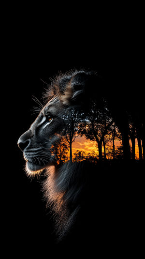 Silhouette of a lion in double exposure with orange sunset sky and tree outlines on black background.