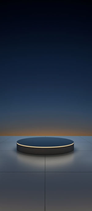 3D-rendered minimal dark podium on reflective tiled floor with soft rim lighting and blue-orange gradient sky backdrop.