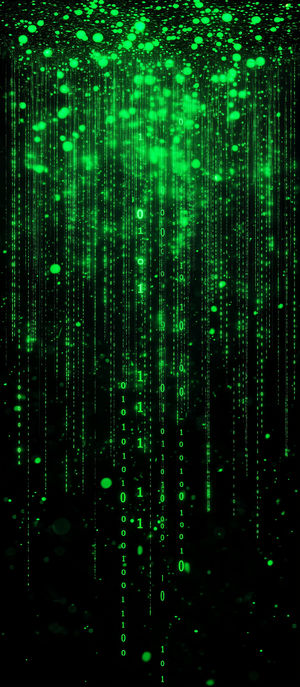 Vibrant green binary digits rain down in streams over a black background, creating a futuristic digital rain effect.