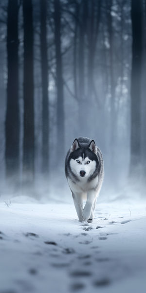 A blue-eyed husky walks along a snow-covered trail in a foggy pine forest, leaving tracks in fresh winter snow.