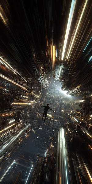 Silhouette of a floating person descending through an abstract futuristic cityscape tunnel of glowing neon and gold light beams.