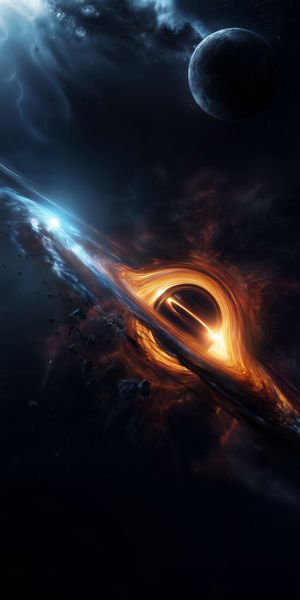 A swirling cosmic black hole with glowing orange accretion disk and blue galaxy backdrop with scattered asteroids.
