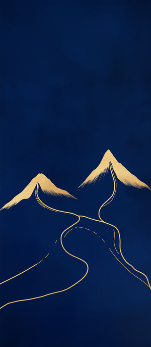 Minimalist wallpaper with two golden mountain peaks and flowing gold lines over a deep navy blue background