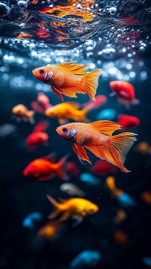 Two glowing orange betta fish swimming among bubbles in a dark blue underwater scene with shimmering light reflections.