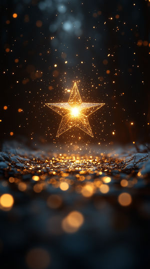 Radiant golden star hovering over a dark reflective ground with scattered glowing bokeh particles in a twilight scene
