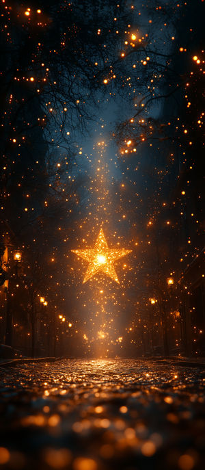 Nighttime cobblestone street lined with bare trees and lampposts, illuminated by floating golden star lights and glowing embers.