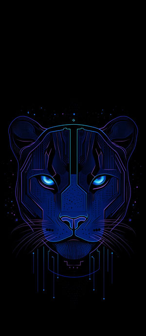 Close-up of a neon blue cybernetic panther head with glowing eyes and circuit-like details on a black background.