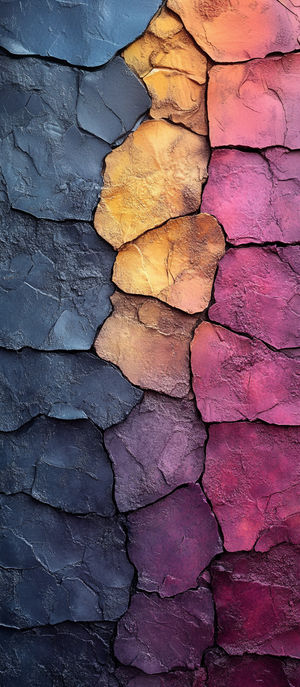 Vertical abstract cracked surface with layered texture transitioning from dark blue and purple to gold, orange, and pink.