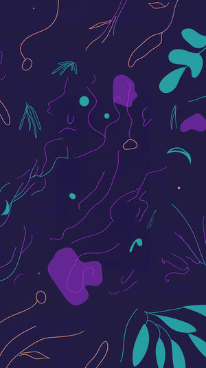 Dark purple abstract background with flowing neon lines, turquoise accents, and minimalist violet shapes.