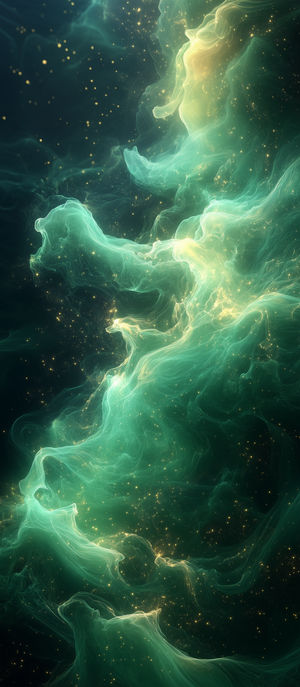 Swirling emerald and golden gaseous clouds with sparkling star particles in a cosmic nebula scene