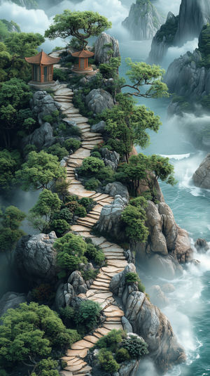 Stone staircase winding up a lush mountain cliff towards two small wooden temple pavilions amid mist and sea views.