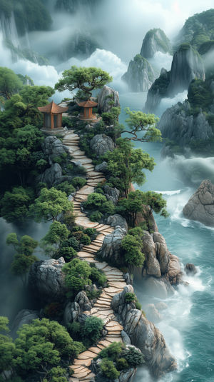 Winding stone staircase ascends a misty mountain path with pavilions overlooking turquoise ocean waters and rocky cliffs