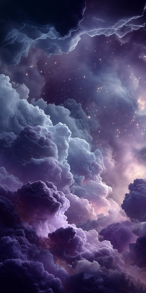 Violet nebula cloudscape filled with billowing cosmic clouds and twinkling stars in deep space background.