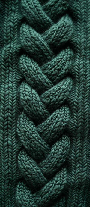 Close-up of green cable knit sweater pattern showing braided stitches and soft wool texture in high detail.