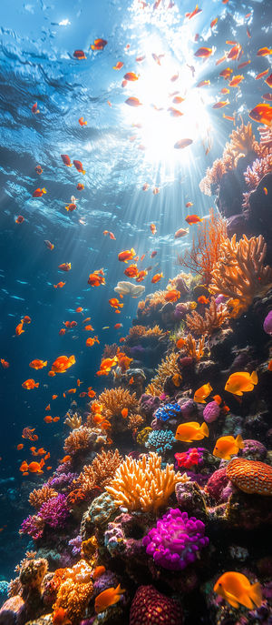 Sunlit ocean waters illuminate a vibrant coral reef teeming with orange tropical fish and colorful corals