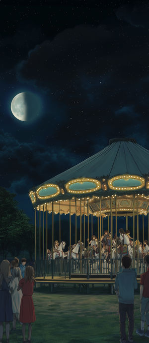 Anime-style illustration of a glowing carousel at night in a park, with riders and friends under a half-lit moon and star-filled sky.