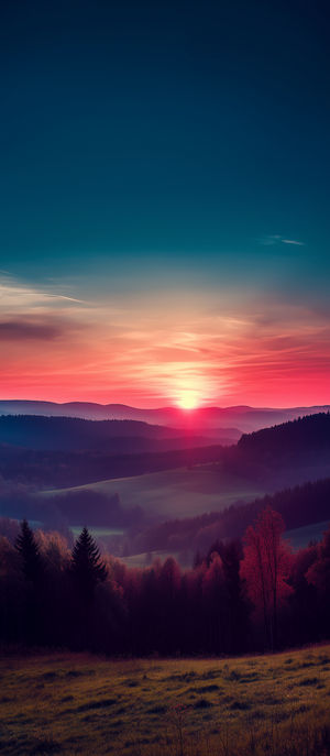Sunset illuminating misty rolling hills and forested valleys under a colorful pink and orange twilight sky.
