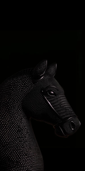 Close-up view of a black horse sculpture with intricate textured surface and glossy finish against a pitch-black background.