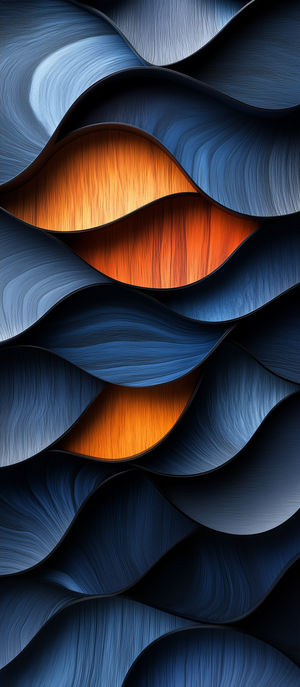Close-up abstract 3D layered waves in dark blue and orange wood textures, creating a dynamic modern pattern.