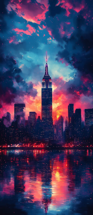 Digital painting of a neon-lit city skyline at sunset with vivid pink and blue clouds reflecting on a calm river.