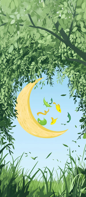 A whimsical forest canopy with hanging leaves revealing a golden crescent moon surrounded by colorful koi fish.