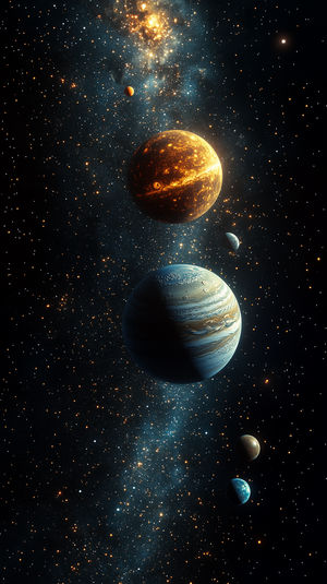 Vertical view of multiple planets aligned against a dense starfield with glowing nebula clusters and distant cosmic dust.