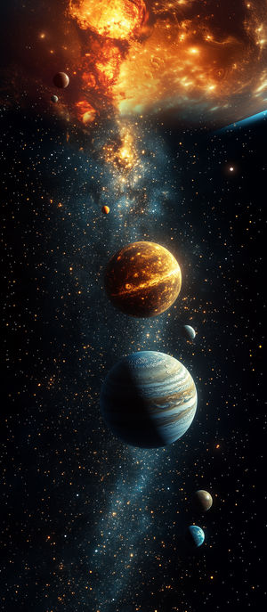 Vertical cosmic scene showing aligned planets across a starry space backdrop with a fiery molten planet overhead.