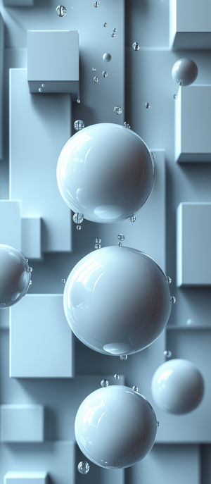 Blue 3D-rendered translucent glass spheres floating over a grid of geometric cubes with subtle reflections.